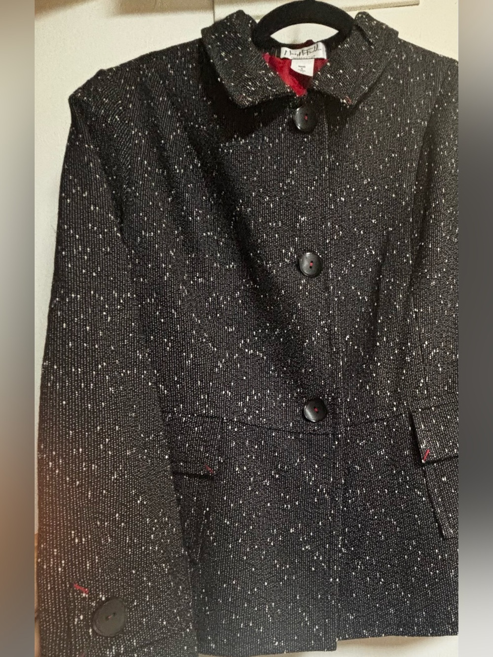 VTG Mary McFadden Black White Tweed Blazer Jacket Red Lining Sz L